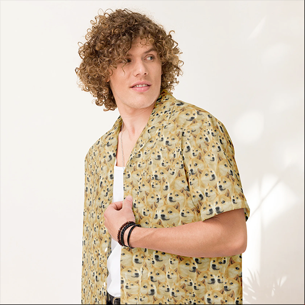 Stylish Man wearing the Yellow Doge Patterned Hawaiian Shirt
